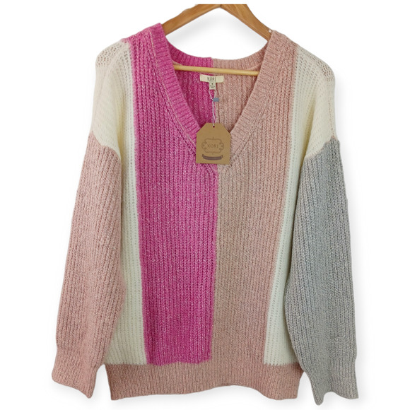 Kori SZ S Oversized Colorblock Striped V-Neck Sweater NWT Pink Gray Cream Tan - Picture 3 of 8